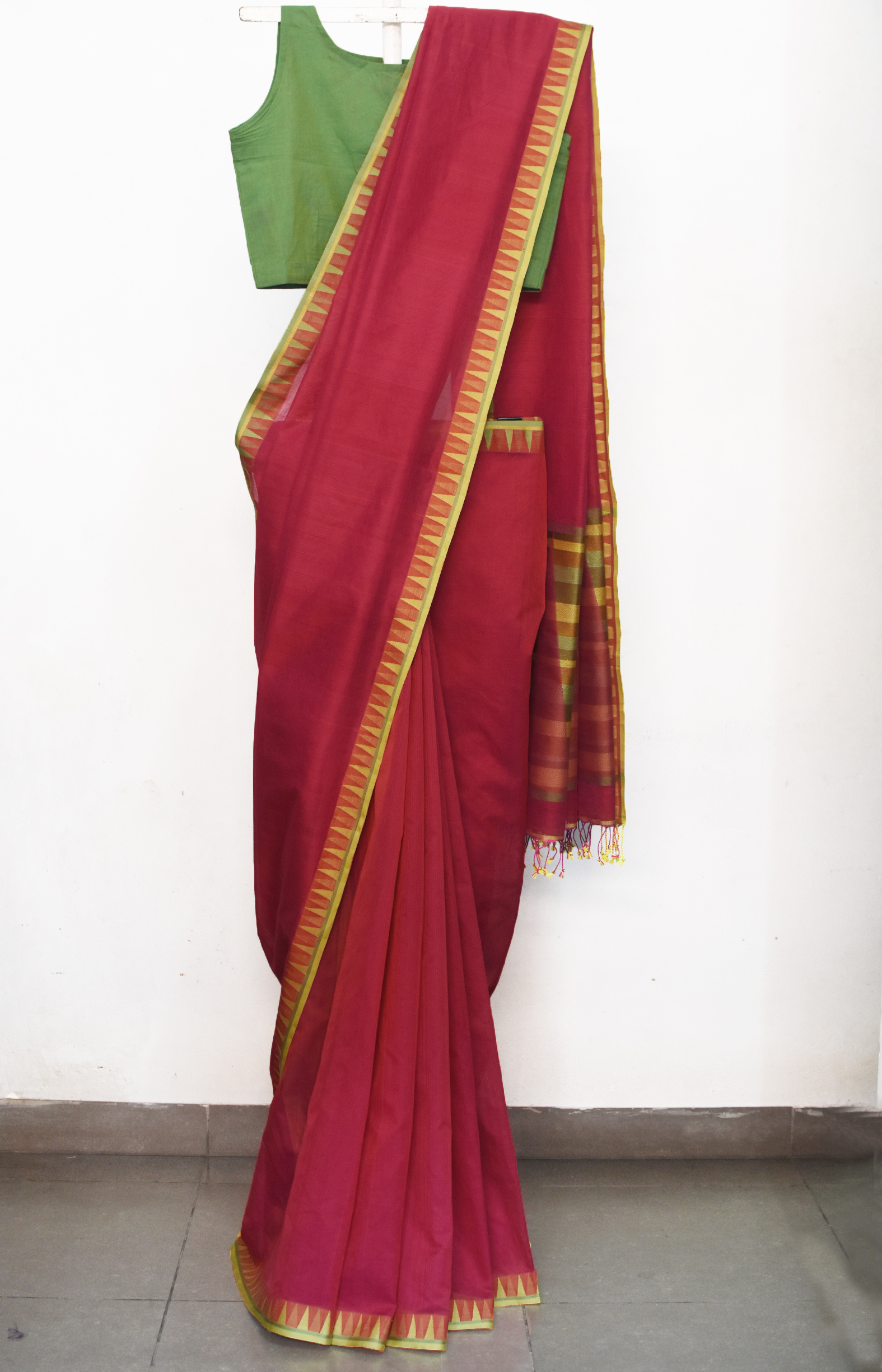 Red, Handwoven Organic Cotton, Textured Weave , Jacquard, Work Wear Saree 